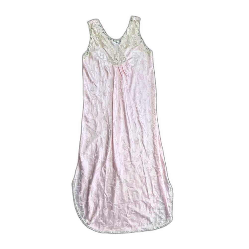 VTG Christian Dior Women's Pink Floral Jacquard Satin Lace Trim Nightgown Sz M - Picture 3 of 15